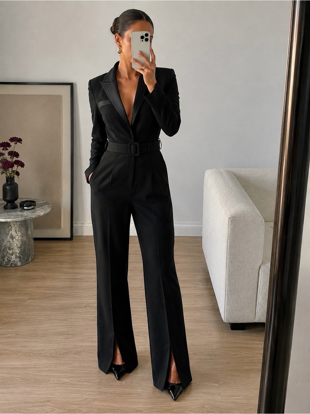 Self-Portrait Black Tailored Satin Trim Crepe Jumpsuit Belt US 2 Office Siren